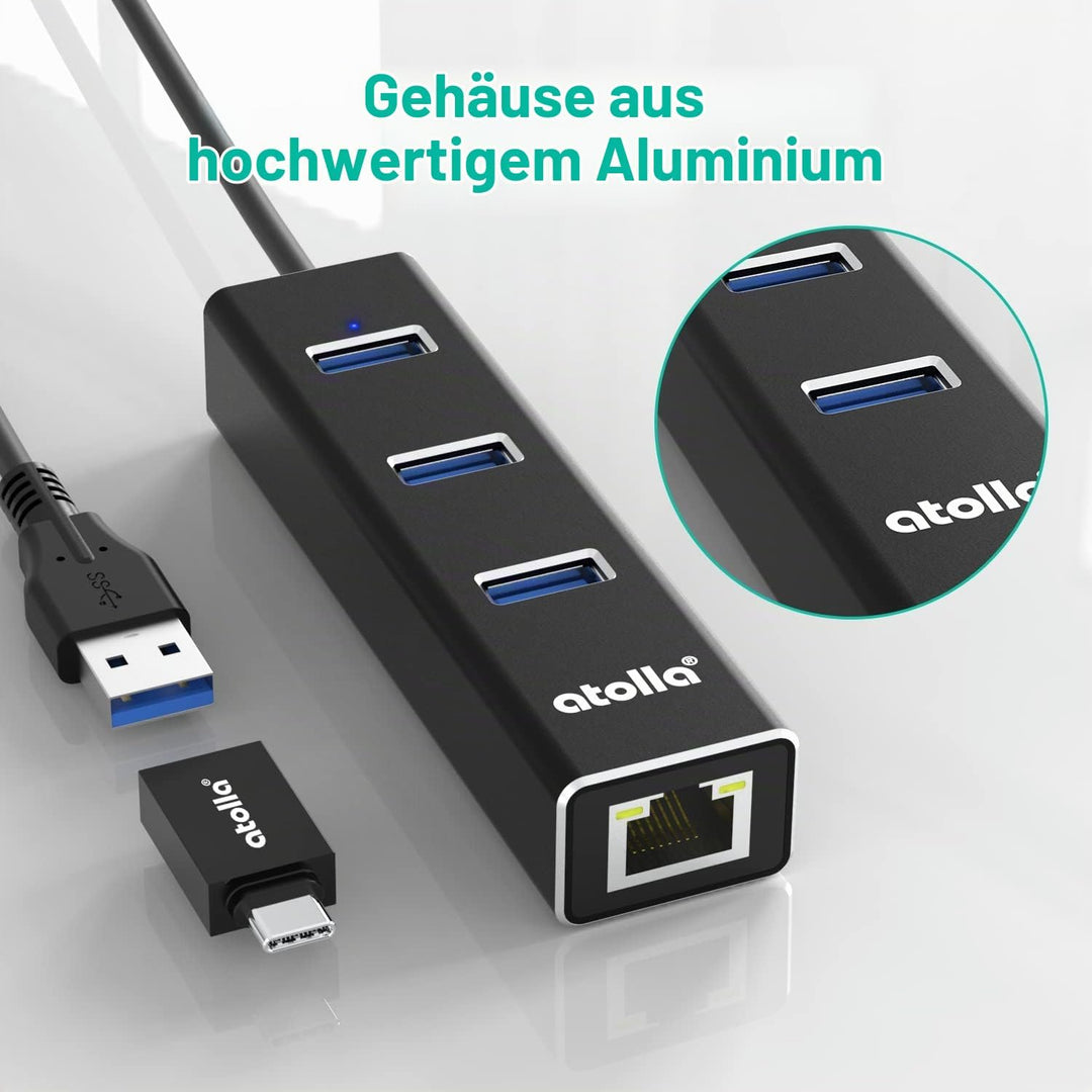 atolla USB LAN Adapter, Aluminium USB Hub mit 3 USB 3.0 Ports und RJ45 Gigabit Ethernet Netzwerkadap