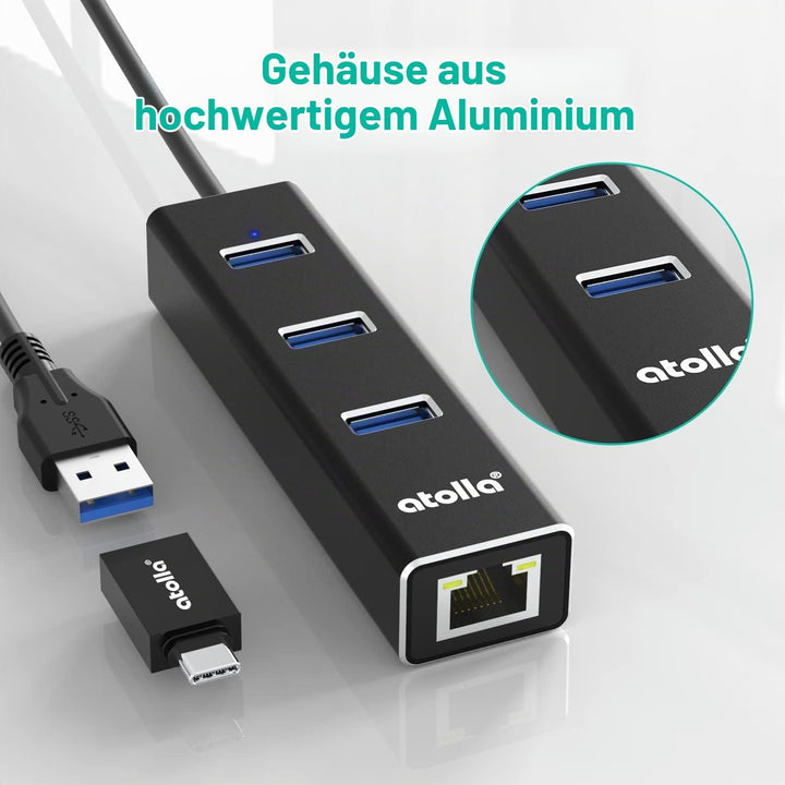 atolla USB LAN Adapter, Aluminium USB Hub mit 3 USB 3.0 Ports und RJ45 Gigabit Ethernet Netzwerkadap
