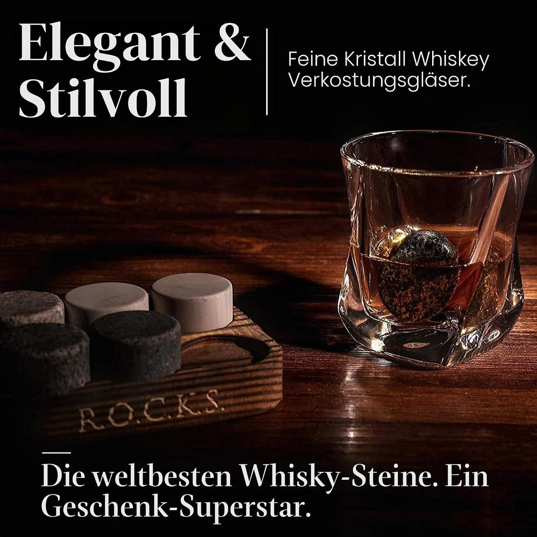 Whiskey Steine Geschenkset - 6 Handgefertigte Premium-Granitsteine, 2 aussergewöhnliche Kristallgläs
