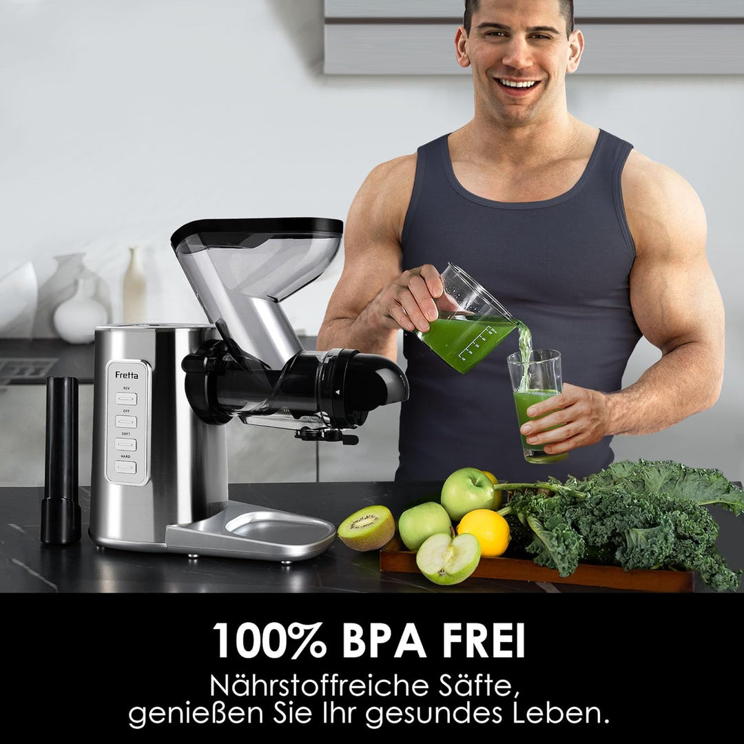 Fretta Entsafter Slow Juicer, Edelstahl Entsafter Gemüse und Obst Testsieger, 200W Cold Press Juicer