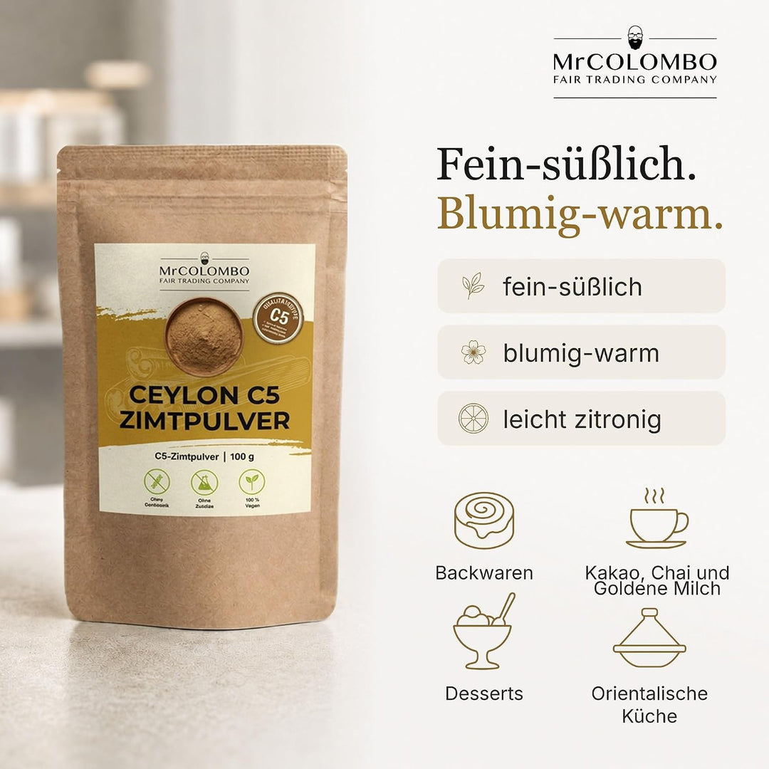 Ceylon Zimt Pulver 100g – C5 Premium Qualität, Direktimport aus Sri Lanka, Echter Zimt gemahlen, cum