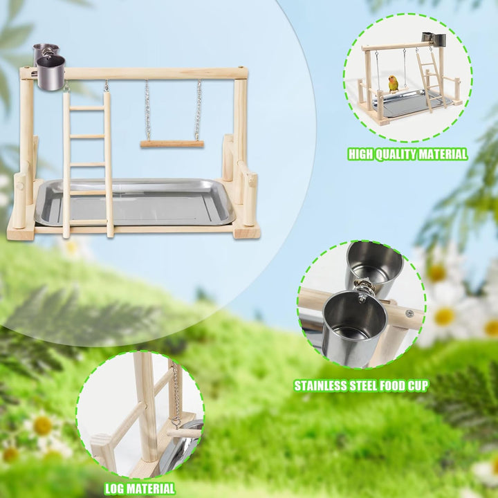 Vogel Spielplatz, Holz Wellensittich Spielplatz Freisitz mit 2 Edelstahl Feeder-Cup Spielzeug Leiter