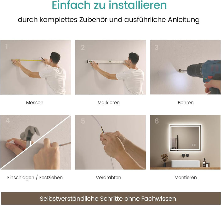 EMKE Badspiegel mit Beleuchtung 60x50cm, Badezimmerspiegel mit Touch, Antibeschlag, Kaltweiss Licht