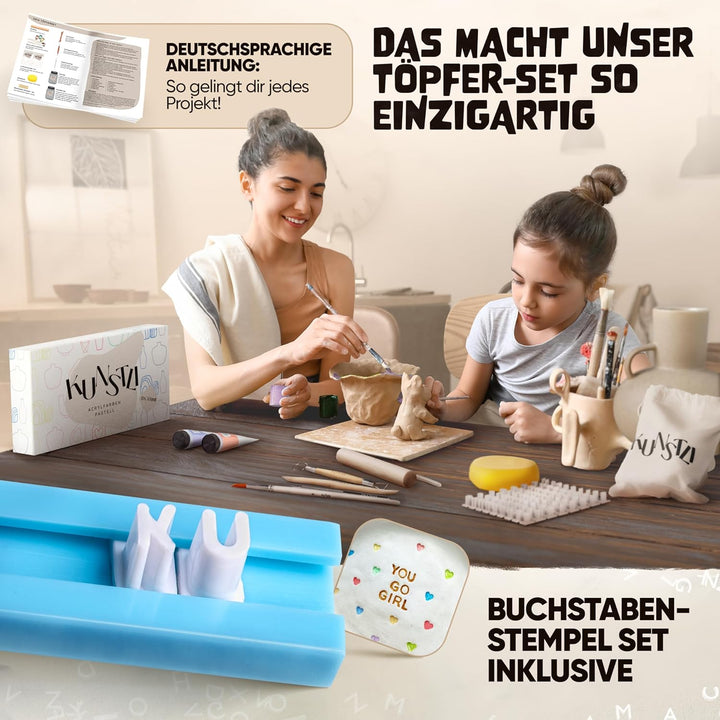 kunstli DIY Töpferset für zuhause - Starterset für Kinder und Erwachsene - Ton Set kreativ töpfern -