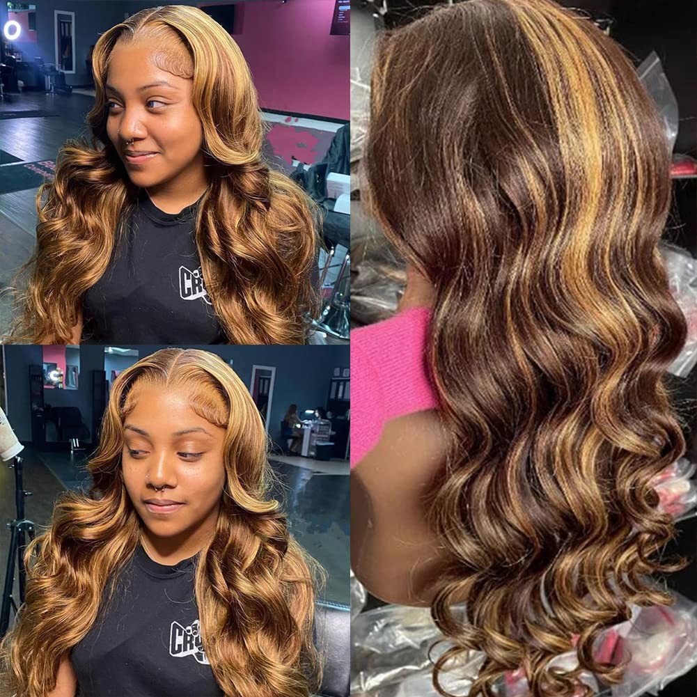 Highlight Lace Front Wig Human Hair Transparent 13X4 Lace Frontal Wigs Body Wave Colored Ombre P4/27