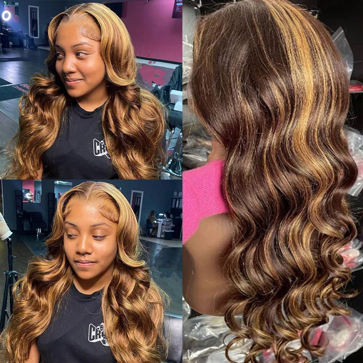 Highlight Lace Front Wig Human Hair Transparent 13X4 Lace Frontal Wigs Body Wave Colored Ombre P4/27