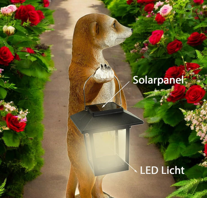 Kremers Schatzkiste Erdmännchen Eddy mit Solarlaterne Figur Gartenfigur 38 cm Tierfigur