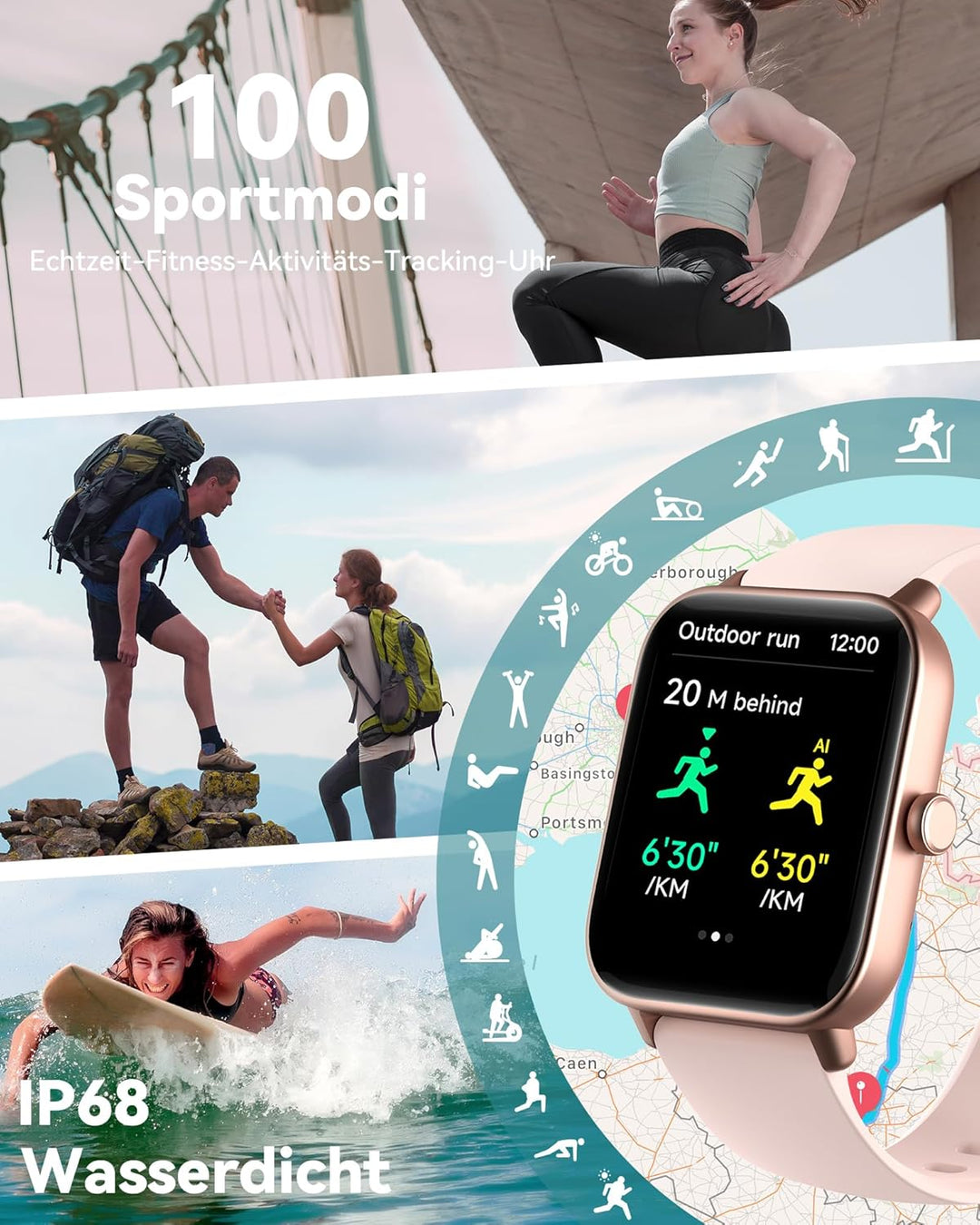 Smartwatch Damen, 1.8" Fitnessuhr Damen mit Telefonfunktion und Alexa Built-in, Herzfrequenz SpO2 St