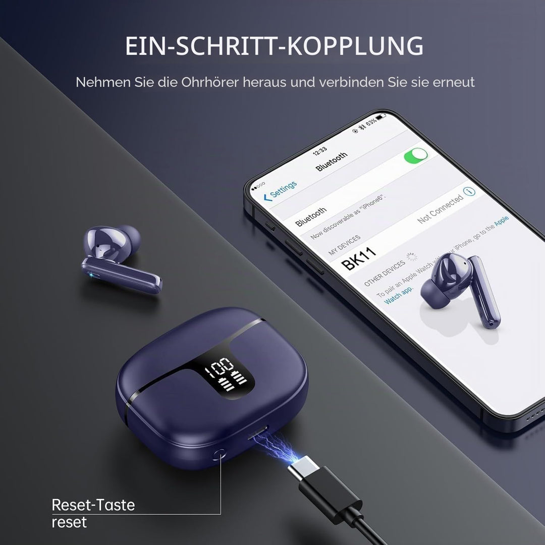 Bluetooth Kopfhörer, In Ear Kopfhörer Kabellos Bluetooth 5.4, Tiefer Bass 6D-Stereo Ear Buds, 50 Std