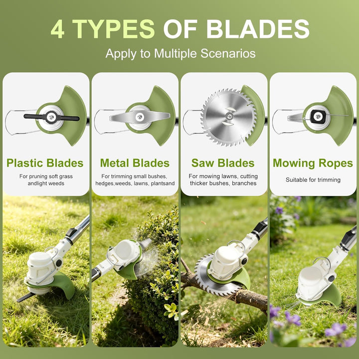 Rasentrimmer mit Akku - Cordless Lawn Strimmer with Wheels 2 Batteries 6 Metal Blades 10 Plastic Bla