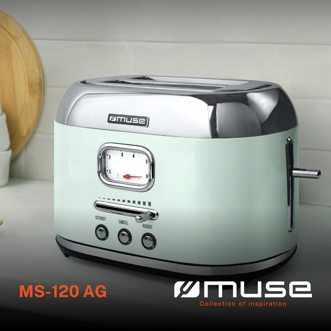 Muse Retro Toaster, 2 Scheiben, 6 Bräunungsstufen, analoge Anzeige, beleuchtete Tasten, Krümelschubl