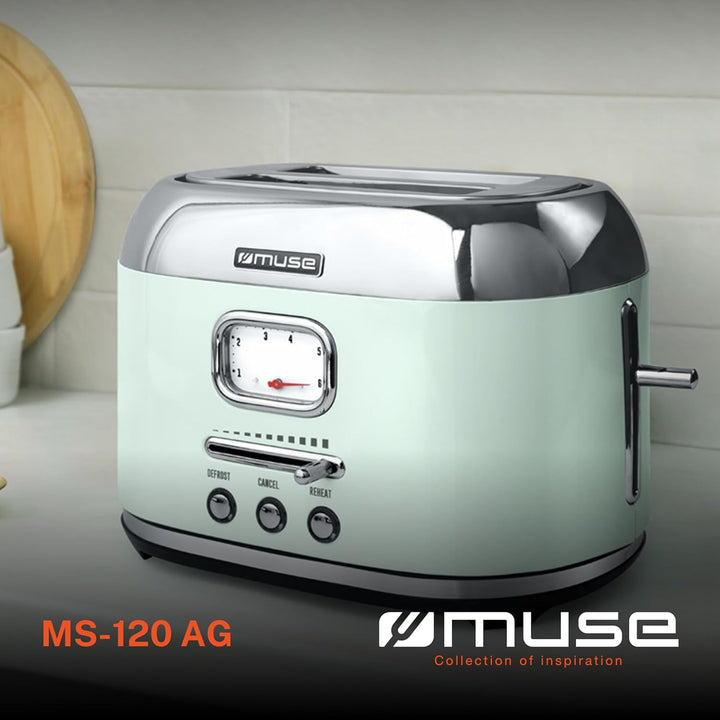 Muse Retro Toaster, 2 Scheiben, 6 Bräunungsstufen, analoge Anzeige, beleuchtete Tasten, Krümelschubl