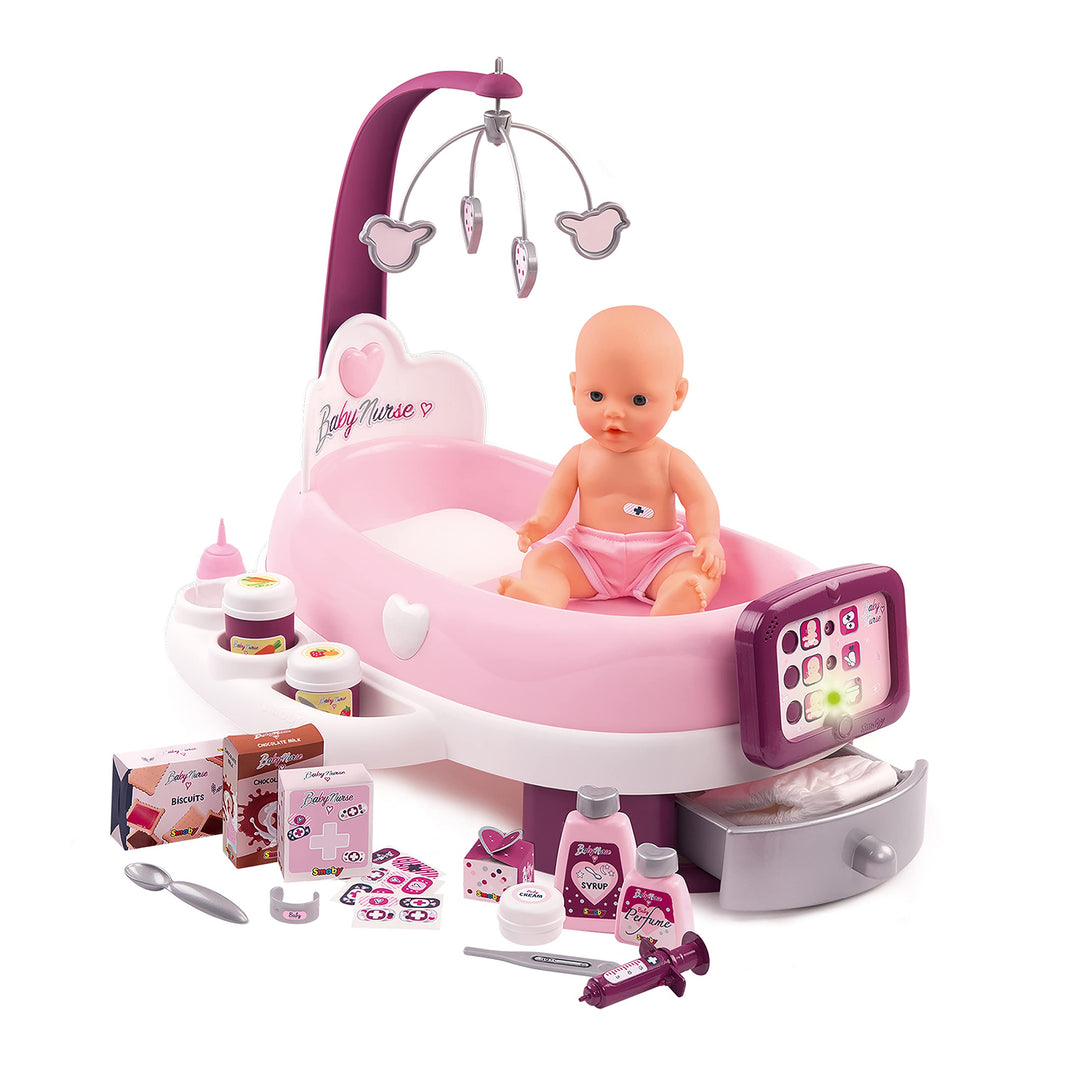 Smoby - Baby Nurse elektronische Puppenpflege-Station - Puppenbett mit Mobile, elektronisches Bedien