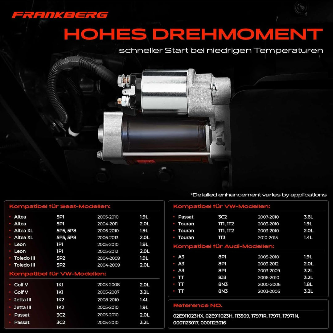 Frankberg 1x Anlasser Motor Anlasser 1,7 KW Kompatibel mit Golf VI Variant AJ5 2.0L 2009-2013 Oct.av