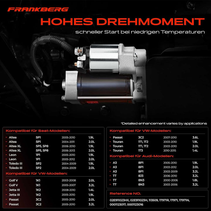 Frankberg 1x Anlasser Motor Anlasser 1,7 KW Kompatibel mit Golf VI Variant AJ5 2.0L 2009-2013 Oct.av