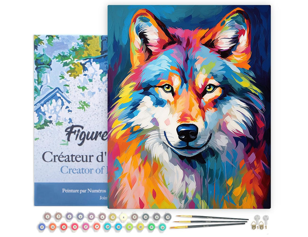 Figured'Art Malen Nach Zahlen Erwachsene Mit Rahmen Wolf Farbenfroh Abstrakt - Paint by Numbers Bast