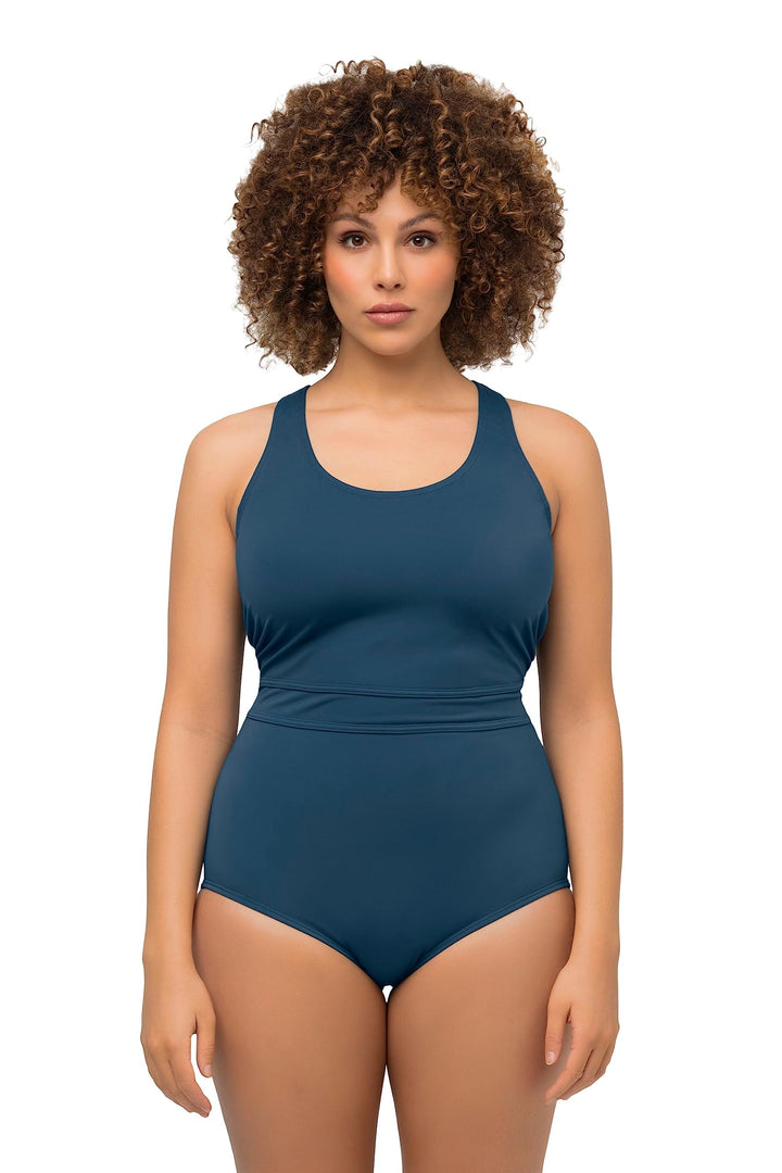 Ulla Popken Damen, Zierknoten, Softcups, Zierbänder Badeanzug, Dunkles Petrol