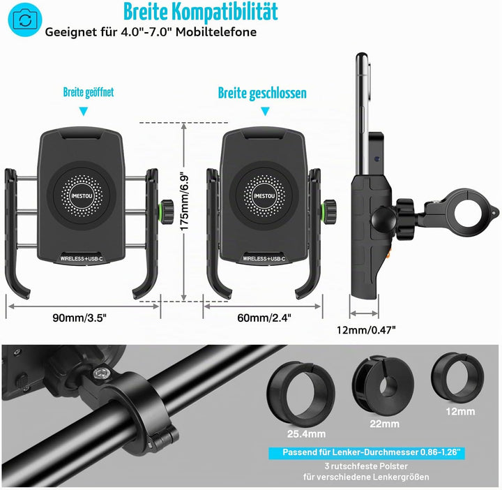 iMESTOU Motorrad Kabellose Telefonhalterung Ladegerät USB C Lenker Telefonhalterung Funktioniert mit