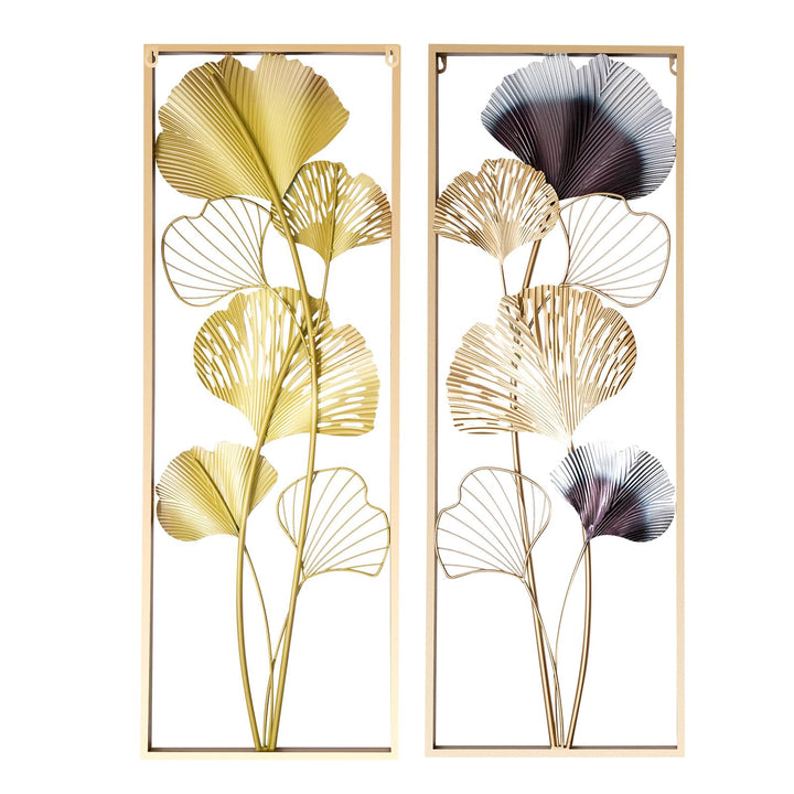 kangten 2 STÜCKE Ginkgoblätter 3D Metall Wanddekoration Wall Picture Wohnzimmerdekor Goldene Ginkgo-
