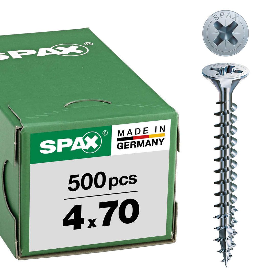 SPAX Universalschraube, 4,0 x 70 mm, 500 Stück, Kreuzschlitz Z2, Senkkopf, Vollgewinde, 4CUT, WIROX