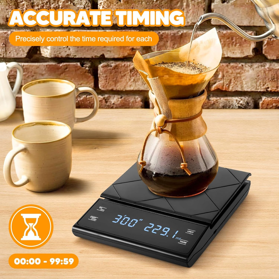 Kaffeewaage Digitale mit 3 AAA Batterie, Bis 3kg/0,1g, Batteriebetrieben Espresso Waage mit Timer, M