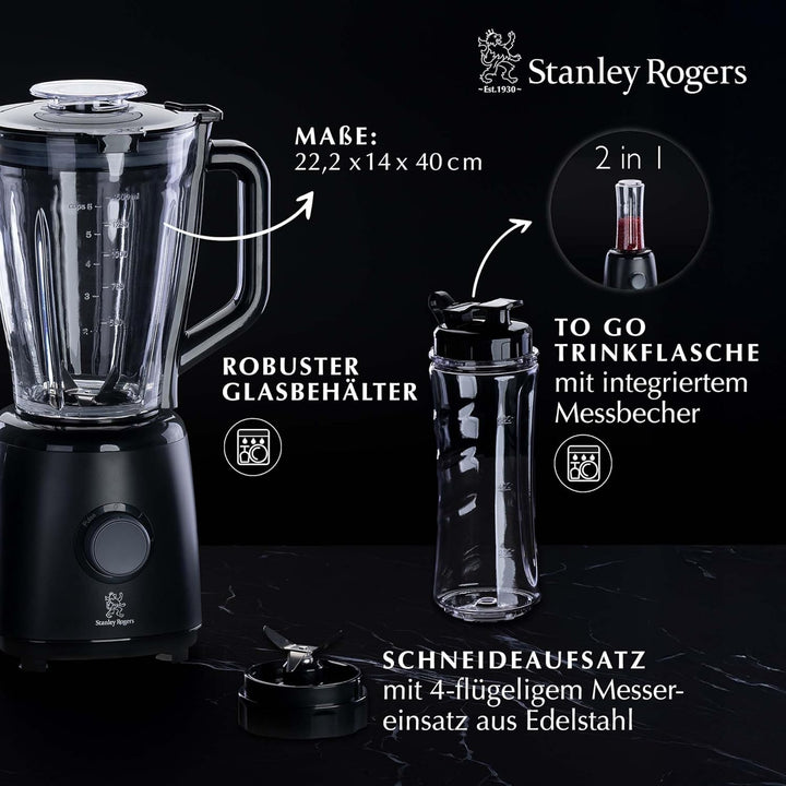 Stanley Rogers - Standmixer und Smoothie Maker, 600W mit 1,5L Glasbehälter, inklusive To go Trinkfla