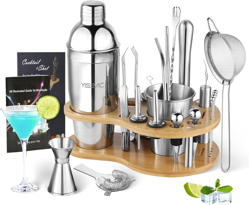 YISSVIC Cocktail Set 22 Stück Cocktail Barzubehör Mix Set Edelstahl Cocktailshaker 750ml mit Holzstä