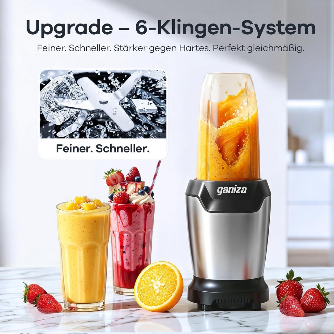 Ganiza Mixer, 1300W Smoothie Maker, Standmixer mit 3 Tragbare Mixbechern(2×1100ml & 1×660ml), Sechsk