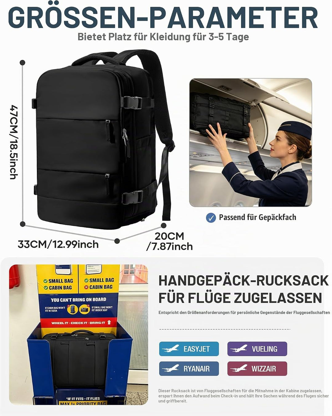 SZSYCN Handgepäck Rucksack 40x20x25 Ryanair Reiserucksack Damen Handgepäck flugzeug Easyjet 45x36x20