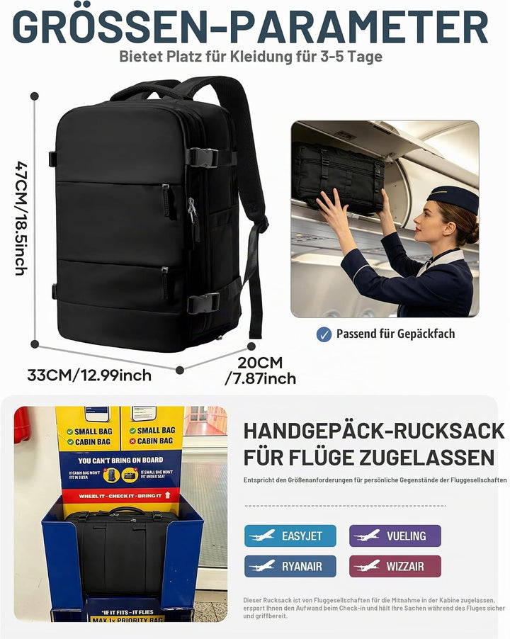 SZSYCN Handgepäck Rucksack 40x20x25 Ryanair Reiserucksack Damen Handgepäck flugzeug Easyjet 45x36x20