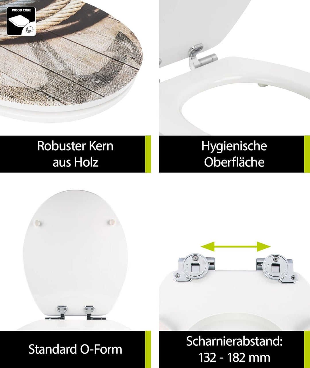 aquaSu® WC-Sitz mit Absenkautomatik, Maritim Motiv Seemannstau, High-Gloss Toilettendeckel mit Holzk