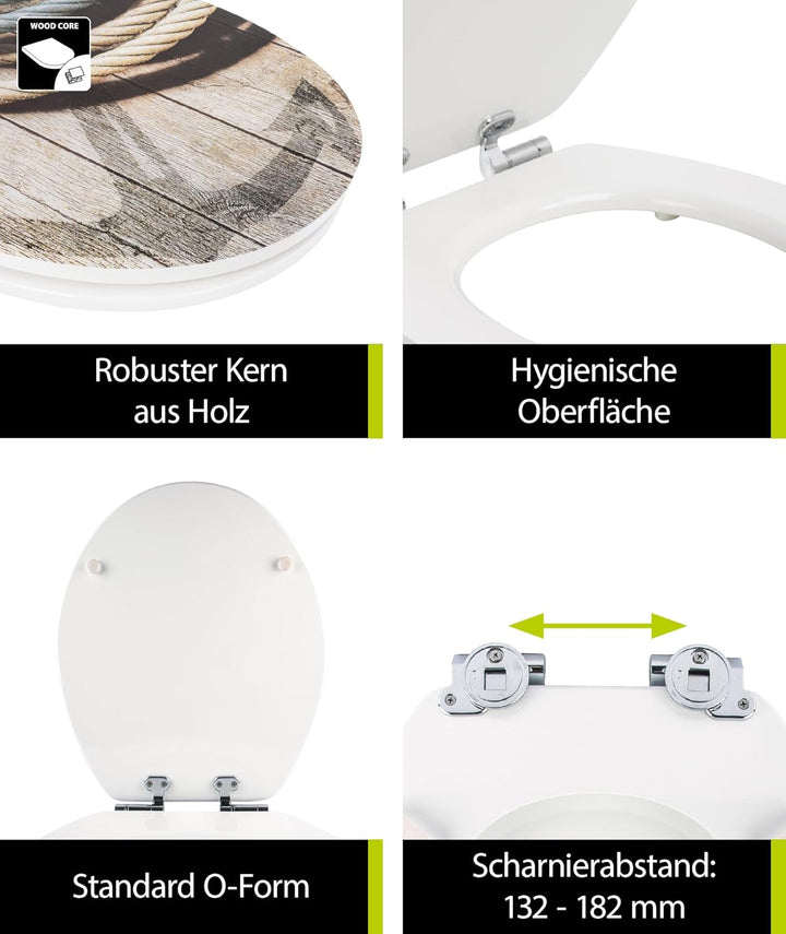 aquaSu® WC-Sitz mit Absenkautomatik, Maritim Motiv Seemannstau, High-Gloss Toilettendeckel mit Holzk