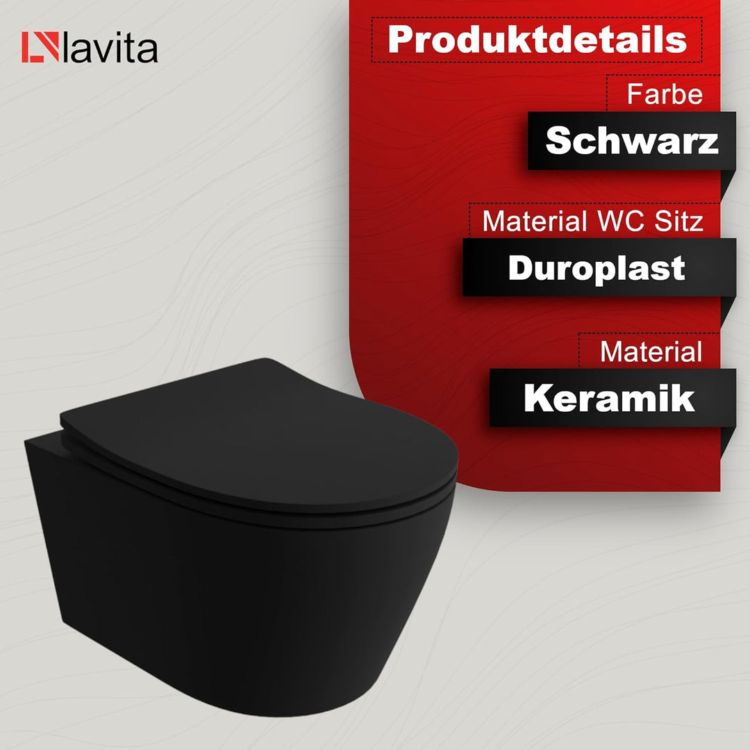 LAVITA Wand-WC Brava Black Hänge Toilette WC Sitz Toilettendeckel mit Absenkautomatik & Metallscharn