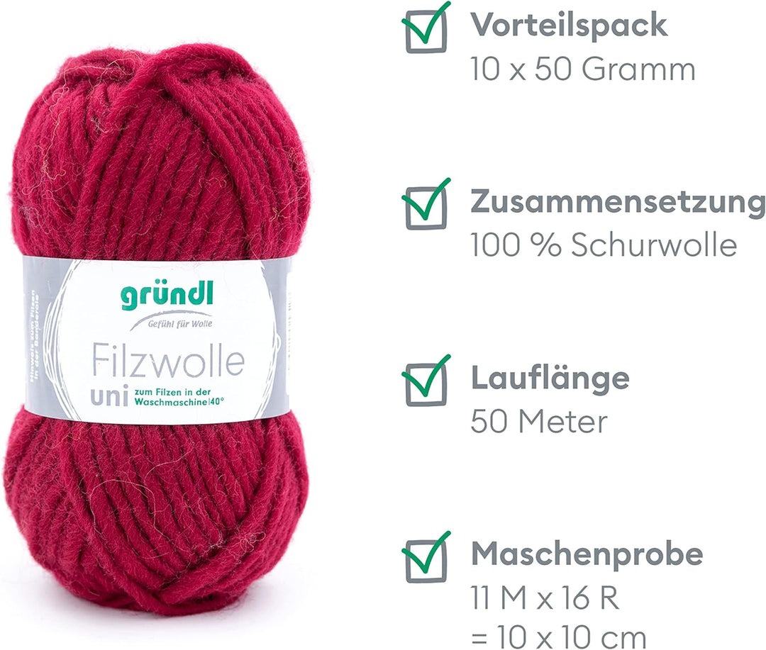 Gründl Filzwolle uni (Wolle zum Filzen, Stricken und Häkeln, Garn aus 100 % Schurwolle, 50 g / 50 m,
