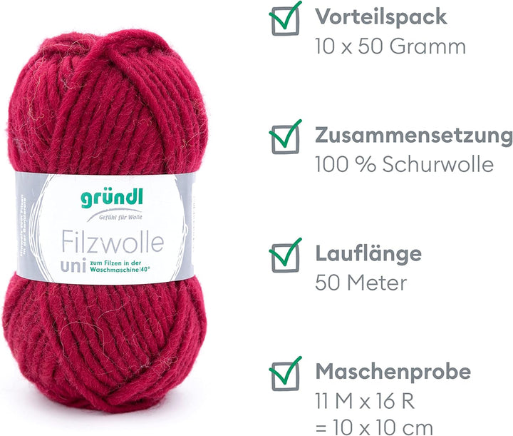 Gründl Filzwolle uni (Wolle zum Filzen, Stricken und Häkeln, Garn aus 100 % Schurwolle, 50 g / 50 m,