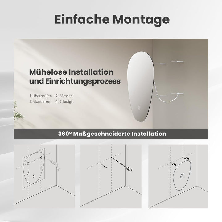 EMKE Badspiegel mit Beleuchtung Asymmetrischer LED Spiegel 70 x 50 cm, Touch-Schalter, Dimmbar 3 Lic