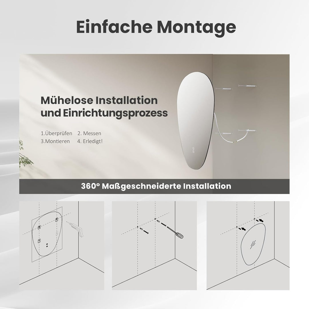 EMKE Badezimmerspiegel mit Beleuchtung Asymmetrischer Spiegel 70 x 50 cm mit Touch-Schalter, 3 Licht