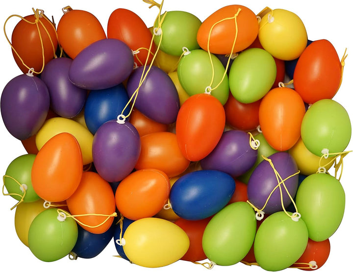 khevga Deko Ostern: Ostereier aus Kunststoff mit Band bunt 60er Set für draussen und innen, 60er Set