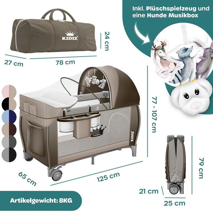 Kidiz® Babybett Reisebett Kinderreisebett klappbar mit Matratze & Räder 120x60, Seiteneingang, Wicke