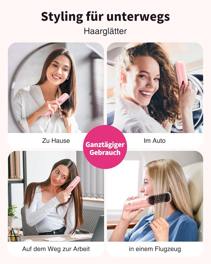 Bopcal Glättbürste Kabellos 10000mAh, 3 in 1 Haarglätter Bürste mit Millionen Negative Ionen, Wieder