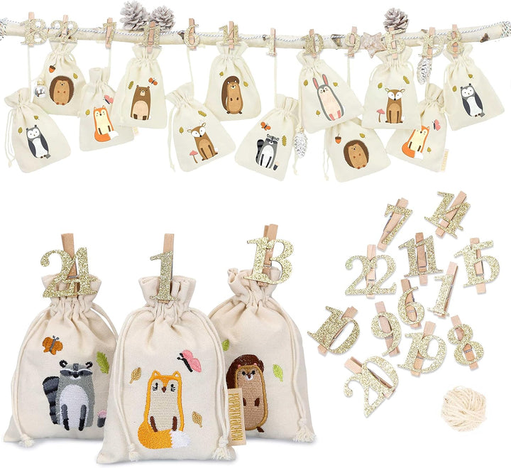 Papierdrachen 24 Adventskalender Stoffsäckchen zum Befüllen - mit goldenen Holzzahlen - Stoffbeutel