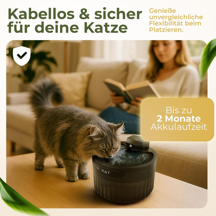 GoKat – Katzenbrunnen kabellos mit Bewegungsmelder und Akku 2500 mAh mit Sensor; Trinkbrunnen für Ka