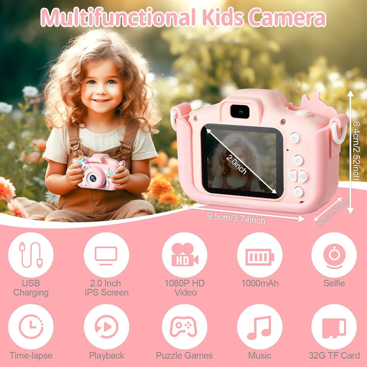 Kinderkamera 2,0-Zoll-Bildschirm 1080P Kinder Kamera Fotoapparat Kinder mit 32GB SD-Karte Selfie Dig