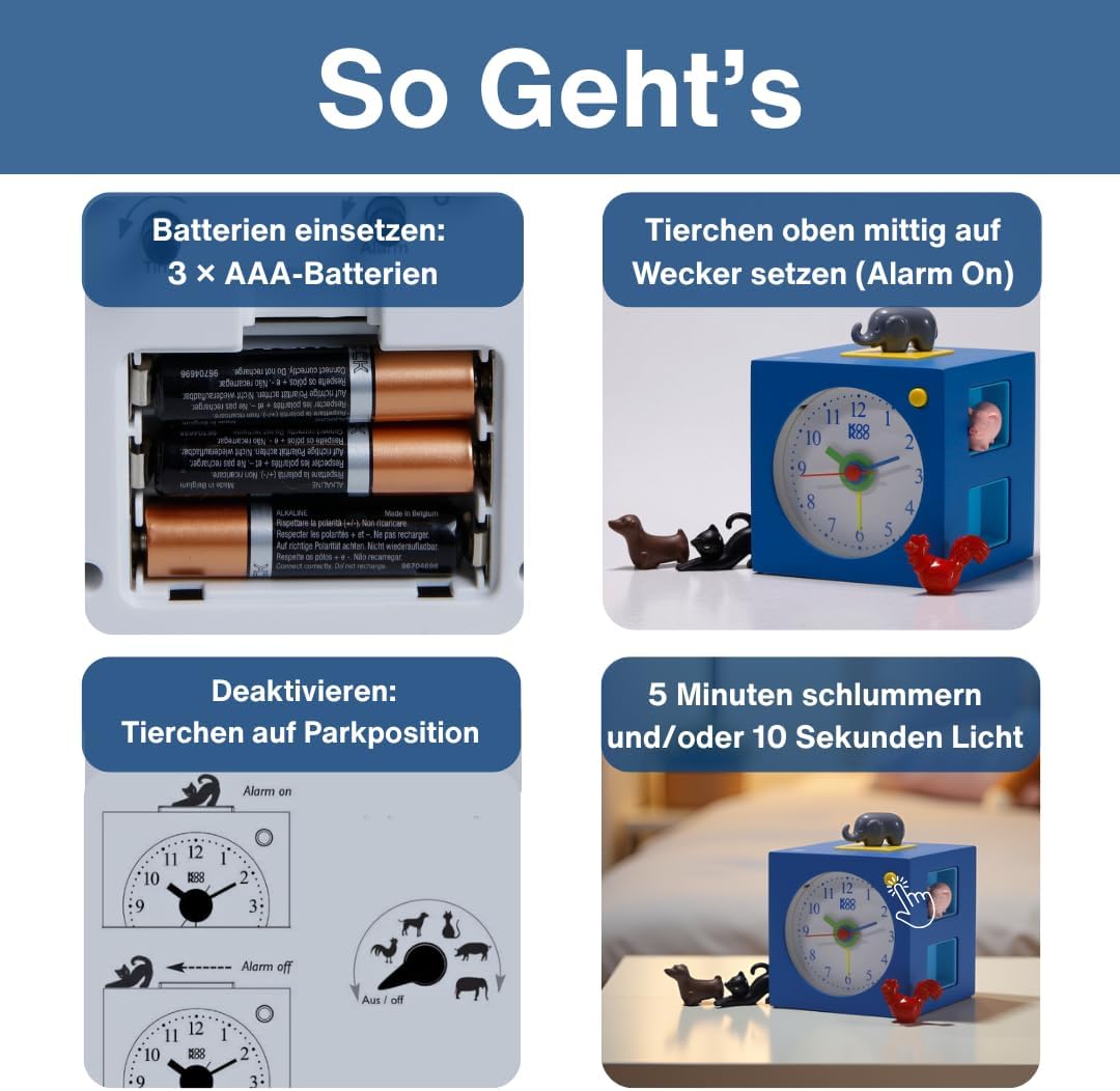KOOKOO KidsAlarm Blau, Kinderwecker mit 5 Bauernhoftieren und echten Aufnahmen, Blau