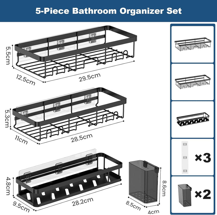 YEAUPE PRO Duschablage ohne Bohren – 5 Stück Badezimmer Organizer Set in Schwarz | 2 Schnell trockne