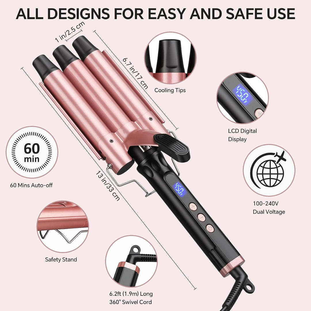 3 Fässer Welleneisen 25mm, 14 Stufen (100-230°C), Quarz-Keramik | Beach Waves Lockenstab Grosse Well