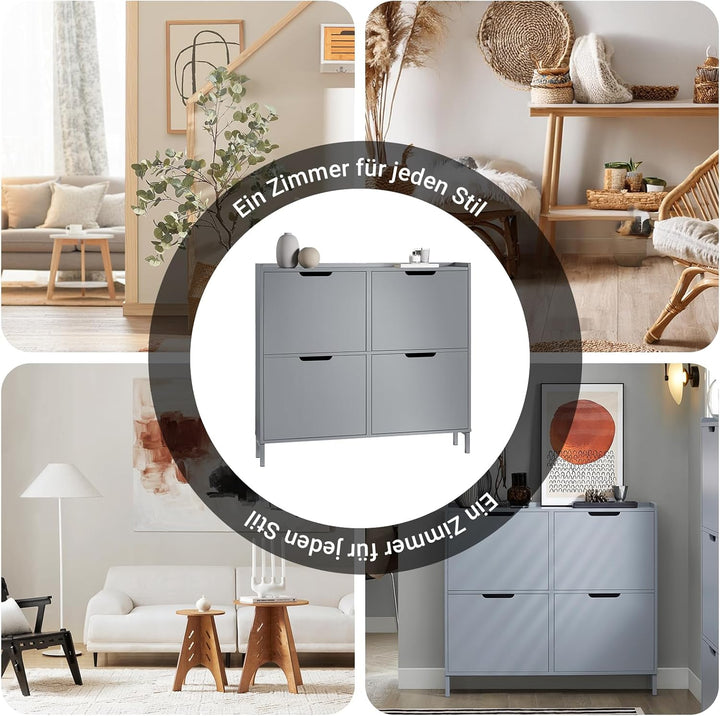 SoBuy Schuhschrank schmal mit 4 Klappen platzsparender Schuhkipper Hoch Kommode mit 4 Ablagen Schuhr