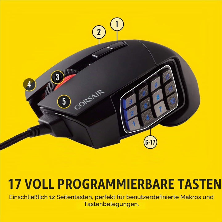 Corsair, USB, Scimitar Pro RGB – MMO Gaming Maus – 16.000 DPI optischer Sensor – 12 programmierbare