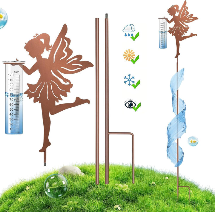Regenmesser für Garten Niederschlagsmesser, Gartenstecker Elfe stehend Gartendeko 110cm mit stab, Re