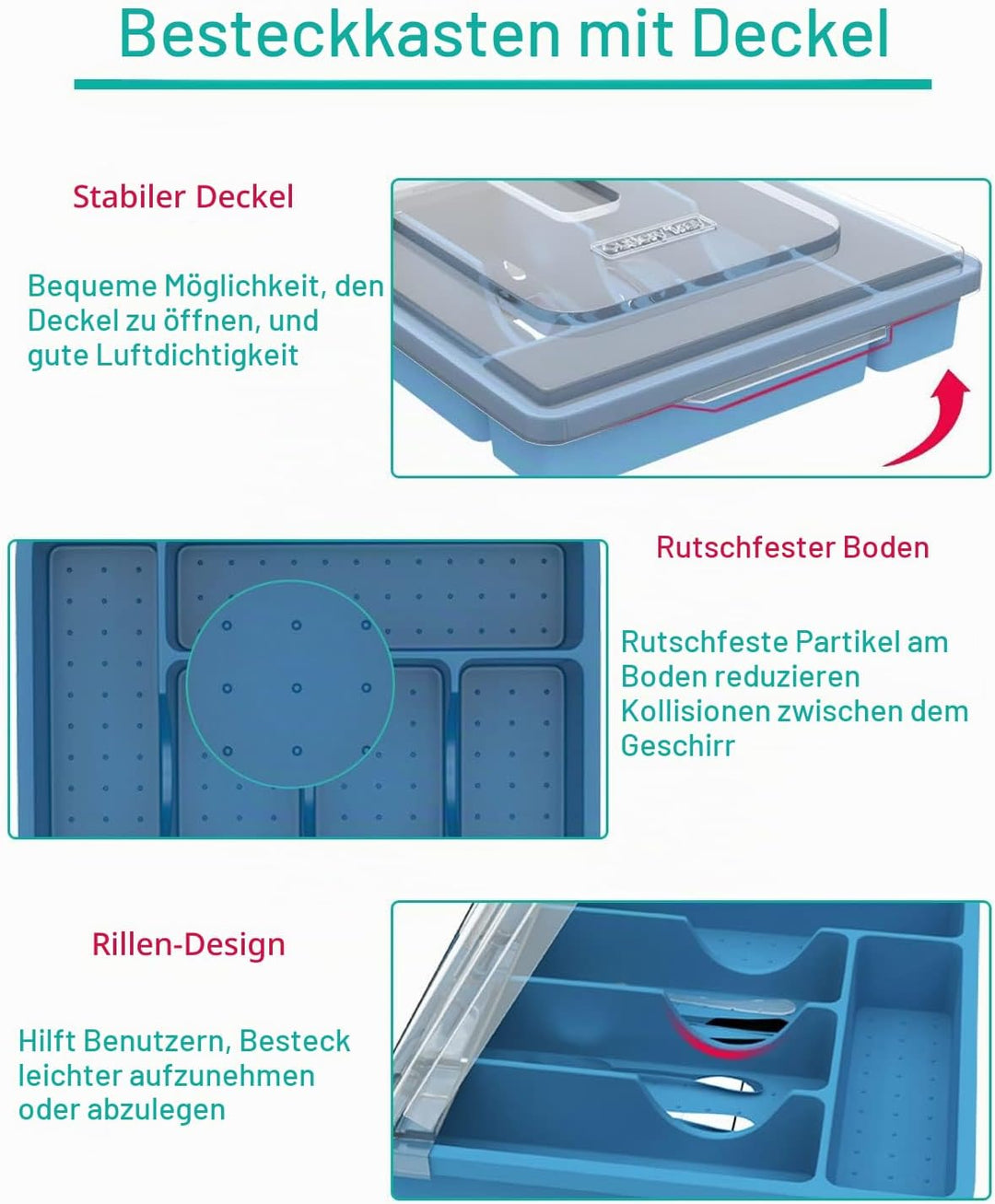 HIMAugbo Besteckkasten mit Deckel, Besteckkasten für Camping，5 Fächer Kunststoff besteck aufbewahrun